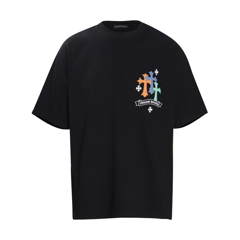 CHH Chrome Heart T Shirts Cross Leather Print Short Sleeve T-Shirt Loose